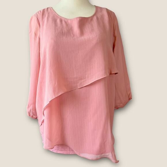 ALYX Layered Asymmetrical Chiffon Casual Top Blouse 3/4 Sleeve Size 2X Rose Pink - Picture 1 of 12